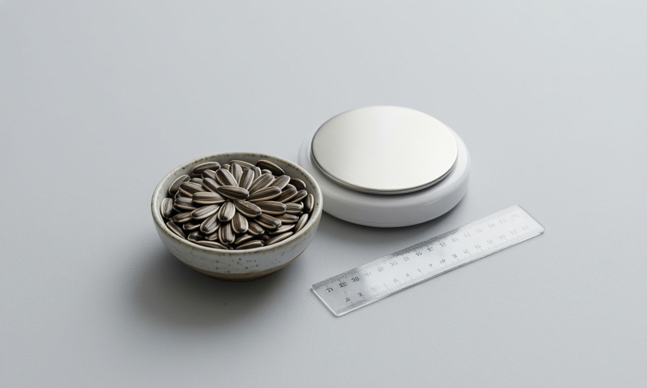 Миска с семечками и измерительные инструменты на столе